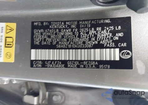 2019 Lexus Es 350 F Sport z USA, uszkodzony, nr VIN 58ABZ1B10KU033087